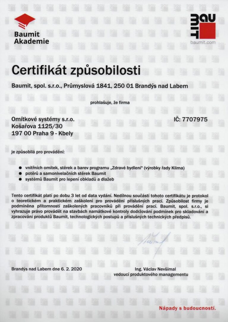 Certifikát způsobilosti od společnosti Baumit